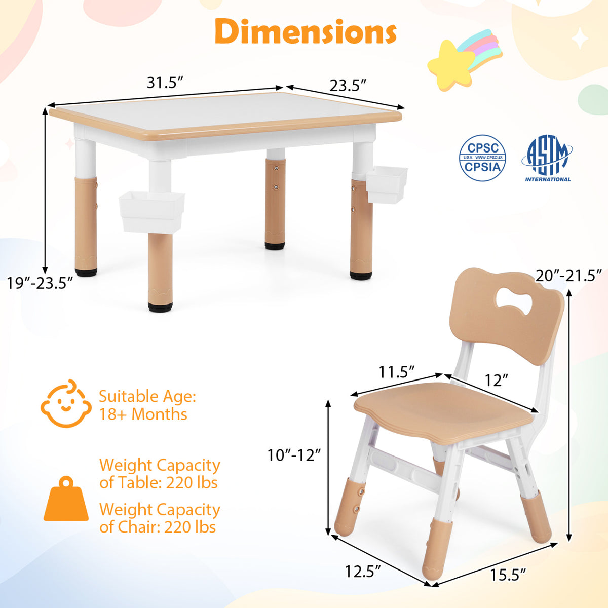 Height Adjustable Kids Table and 4 Chairs Set with Graffiti Desktop and 2 Storage Baskets-Natrual