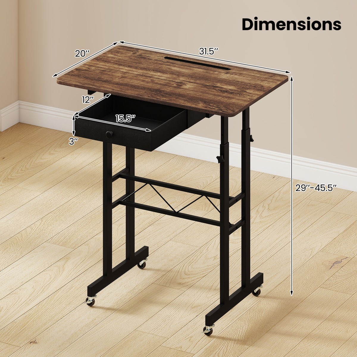 Height Adjustable Laptop Desk with Fabric Drawer Tablet Holder and Lockable Wheels-Rustic Brown