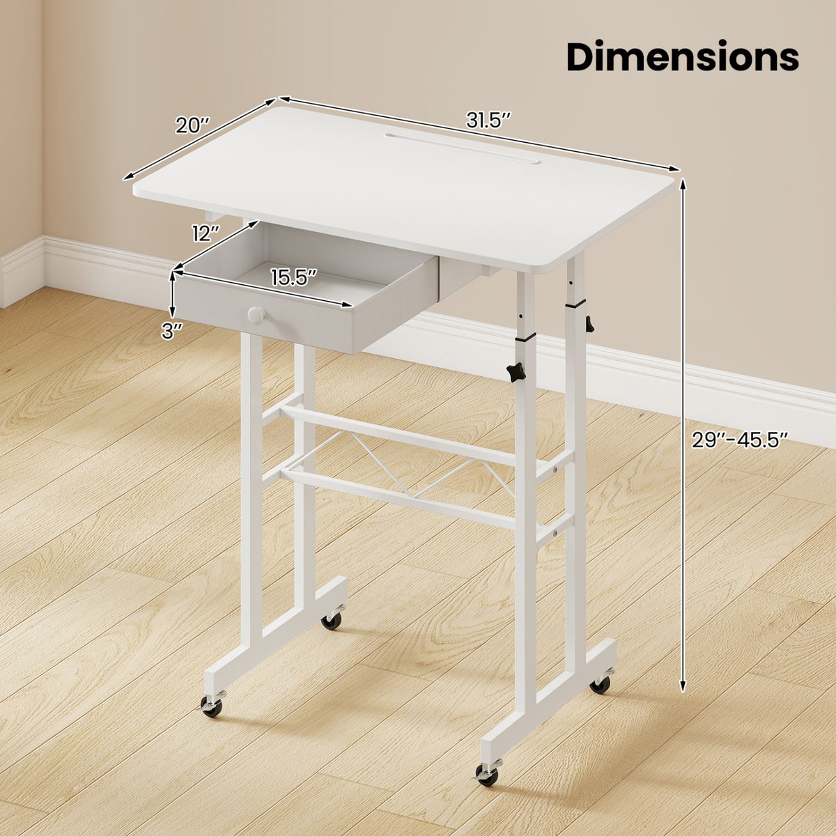 Height Adjustable Laptop Desk with Fabric Drawer Tablet Holder and Lockable Wheels-White