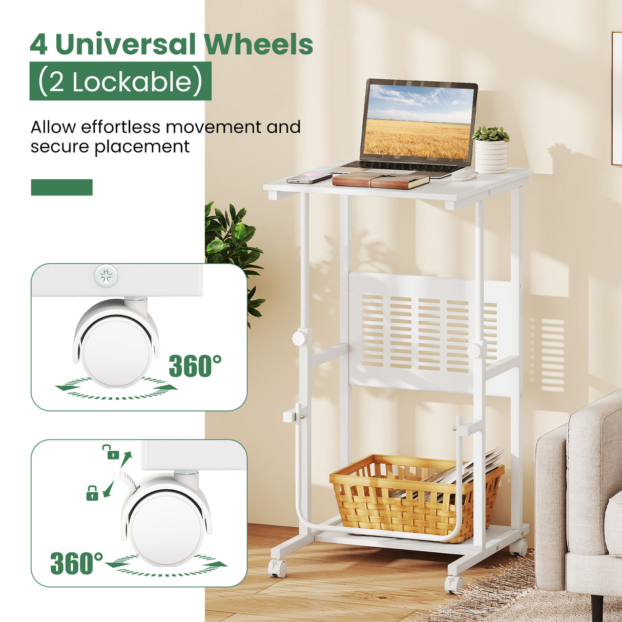 Height Adjustable Mobile Computer Stand-Up Desk with Two Modes-White