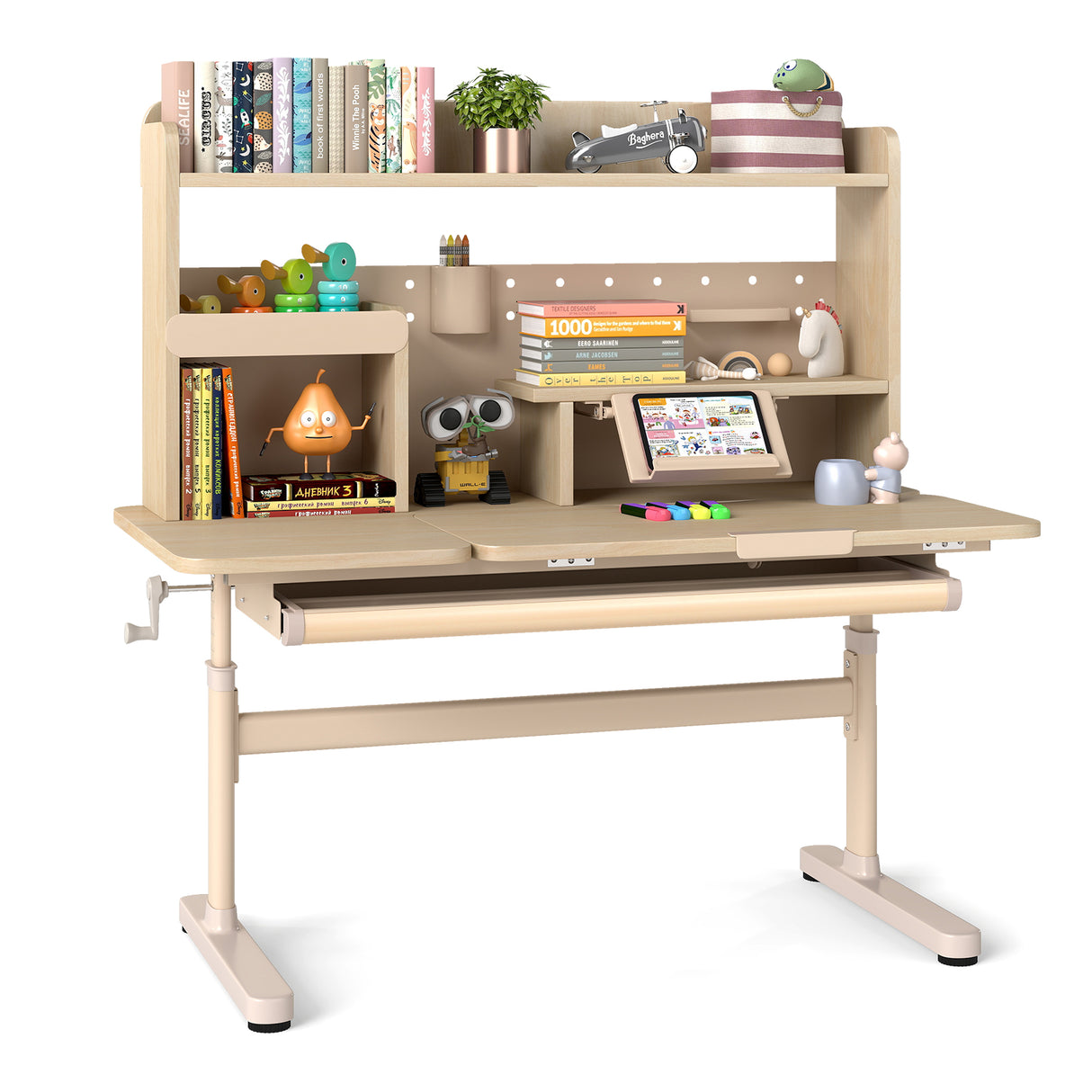 Height Adjustable Writing Table with Tilt Desktop and Retractable Book Stand-Yellow