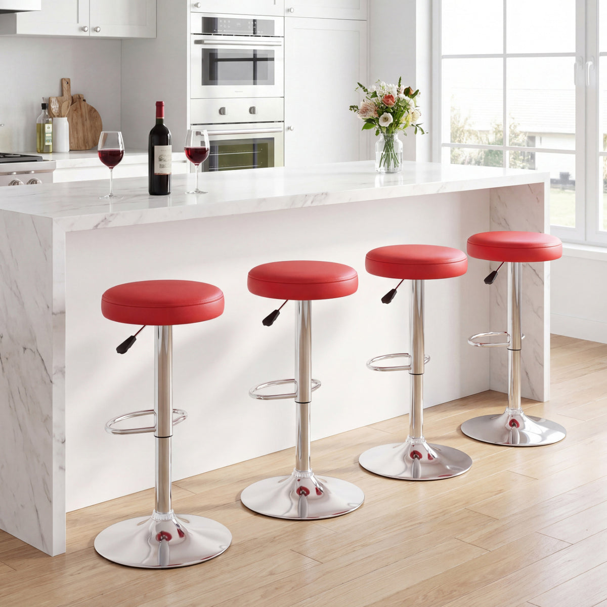 Height-adjustable Bar Stool with 360° Swivel for Kitchen & Dining-Red