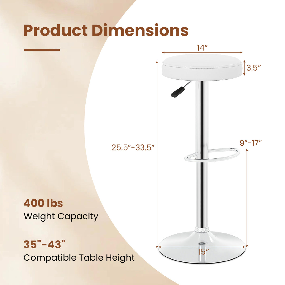 Height-adjustable Bar Stool with 360° Swivel for Kitchen & Dining-White