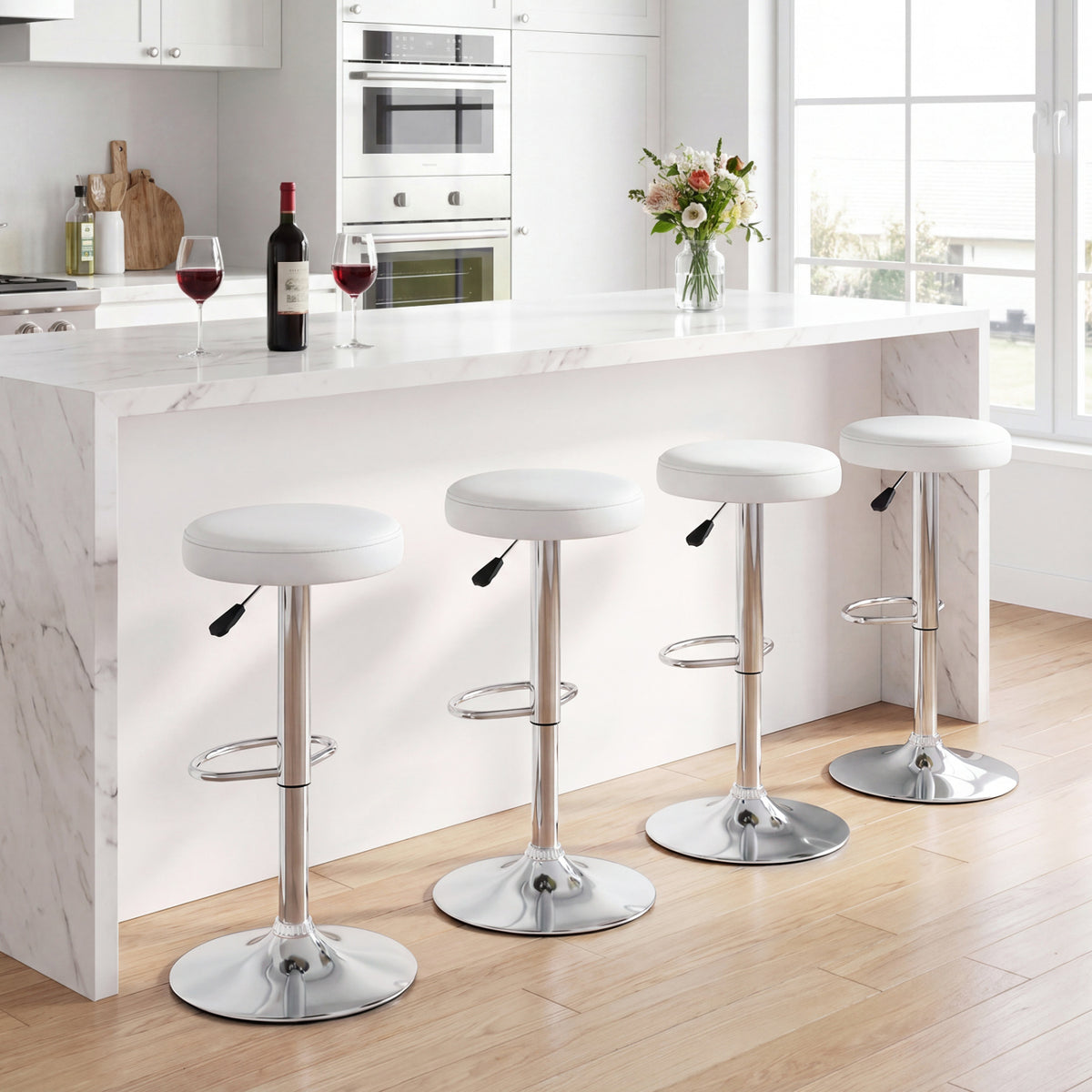 Height-adjustable Bar Stool with 360° Swivel for Kitchen & Dining-White
