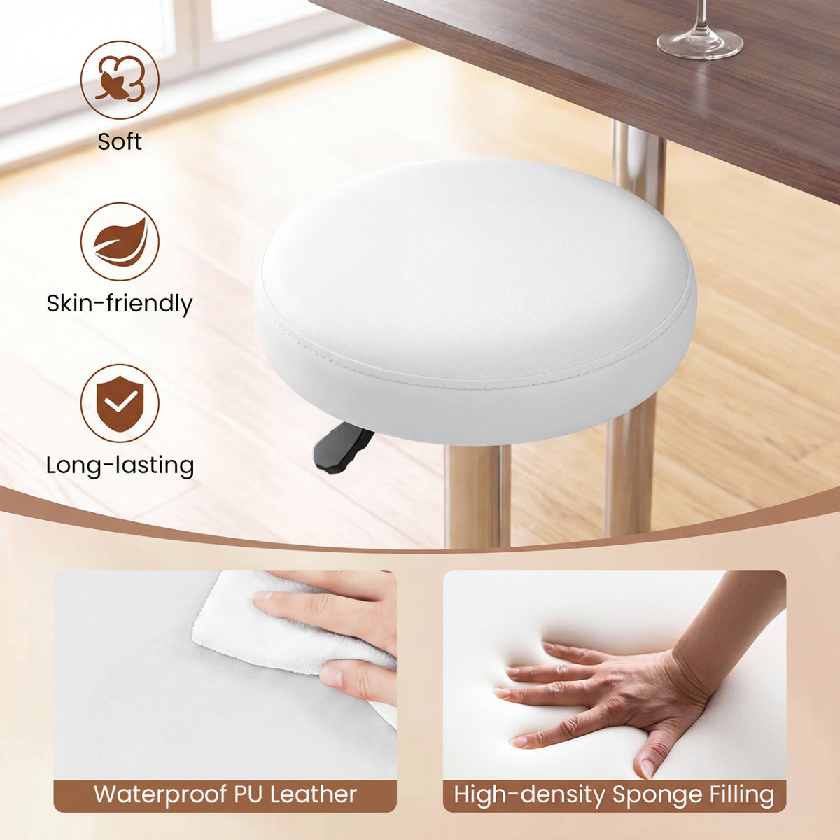 Height-adjustable Bar Stool with 360° Swivel for Kitchen & Dining-White