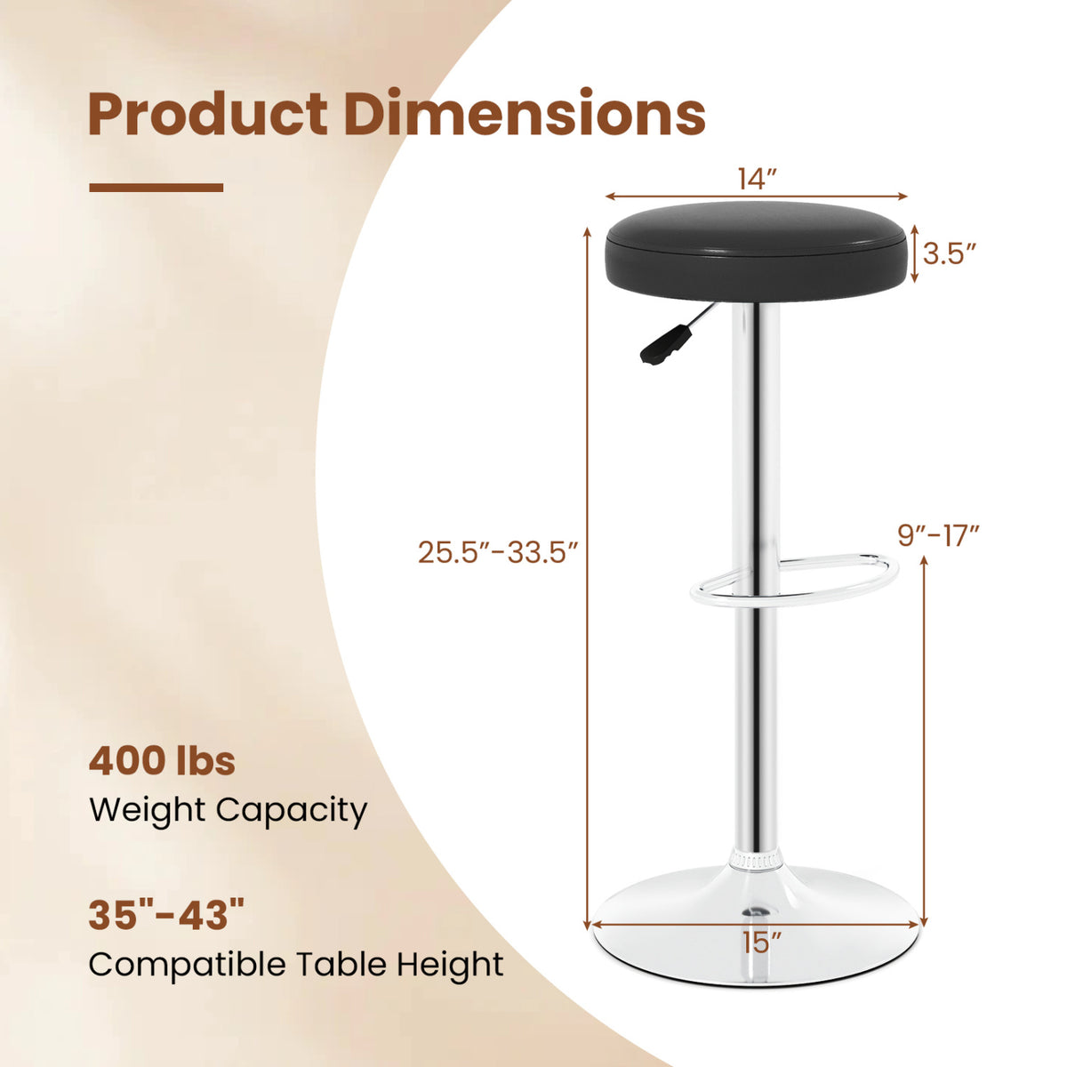 Height-adjustable Bar Stool with 360° Swivel for Kitchen & Dining-Black