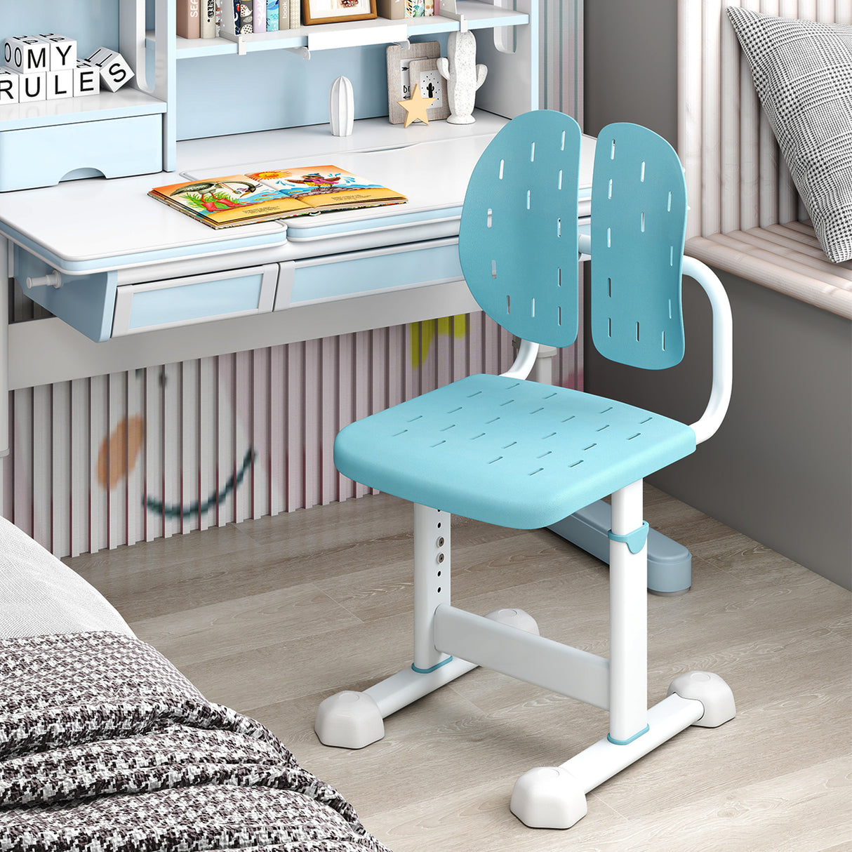 Height-adjustable Kid's Study Chair with Double Back Support and Breathable Seat for 3+ Years Old-Blue