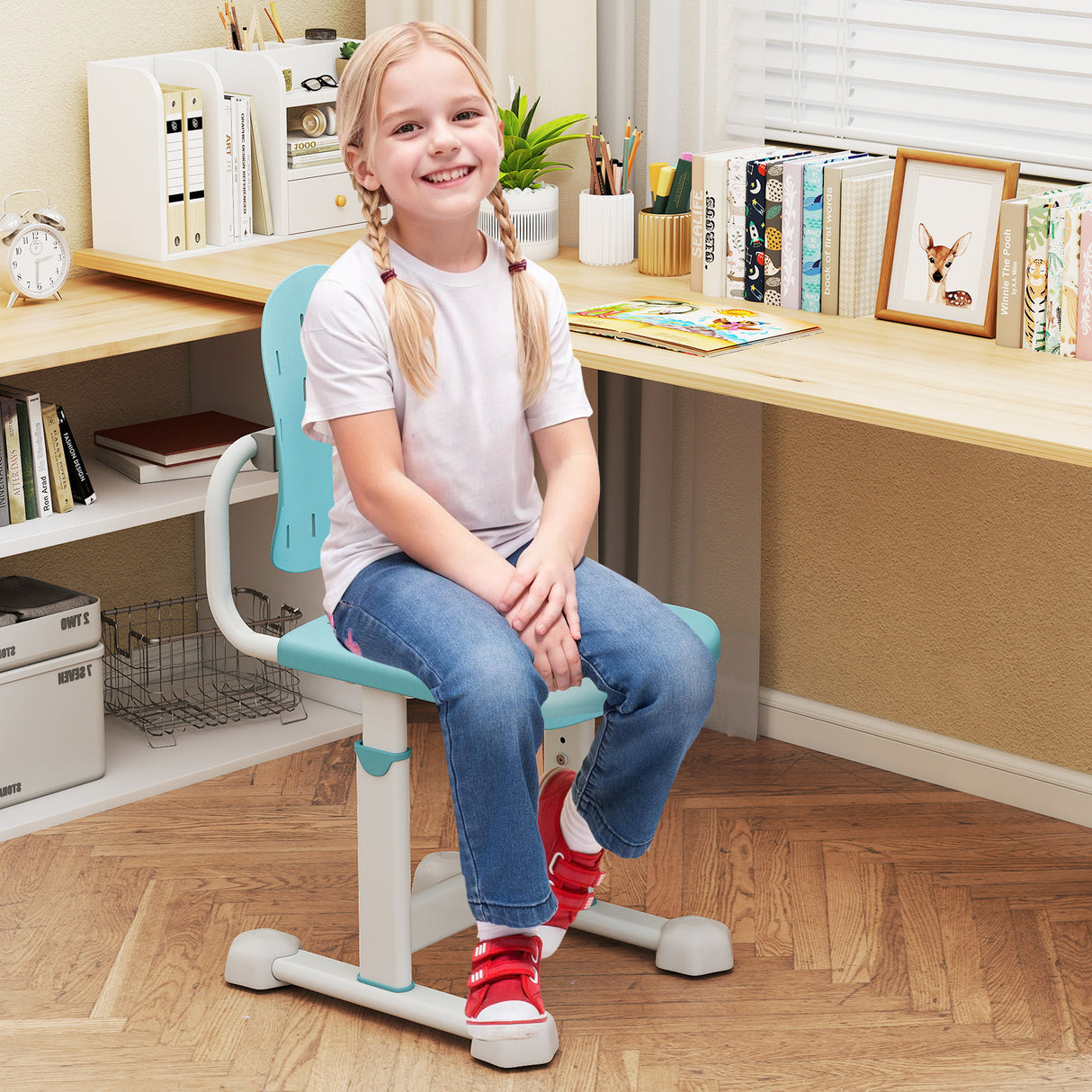 Height-adjustable Kid's Study Chair with Double Back Support and Breathable Seat for 3+ Years Old-Blue