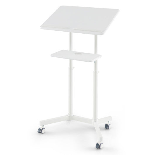 Mobile Lectern Podium Height-adjustable Rolling Laptop Cart with Tilting Top Storage Tray-White
