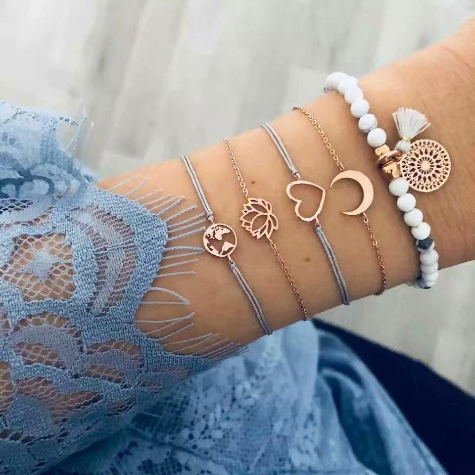 Boho Rose Map Bracelets & Bangles for Women Bohemian Round Charm Bracelet Set Fashion Multilayer Accessories Luxury Jewelry