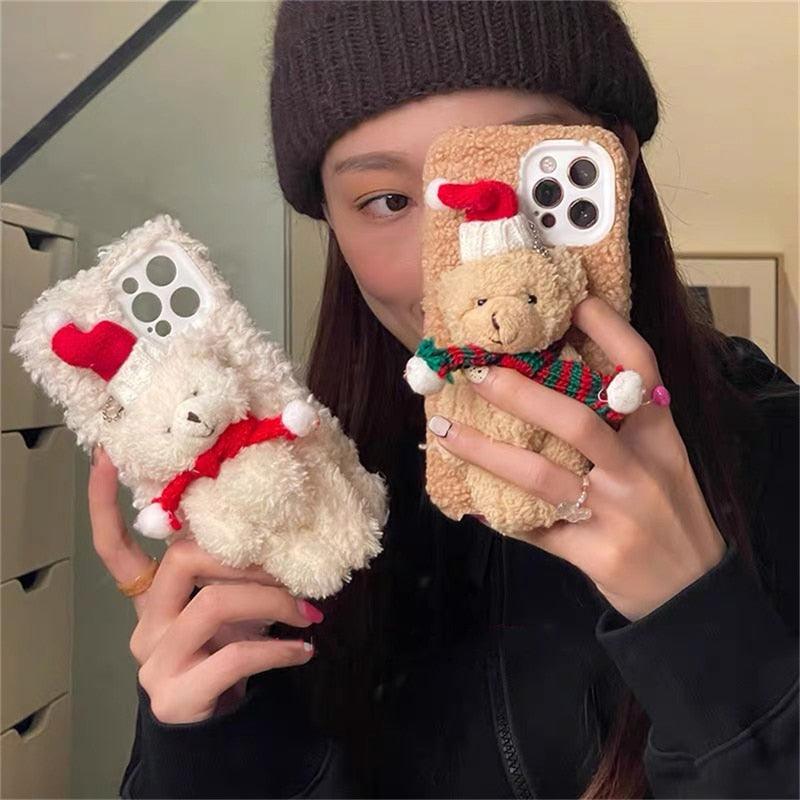 Cute Fluffy Santa 3D Teddy Bear Plush Christmas Case For Iphone 13 12 11 Pro Xs Max X Xr 7 8 Plus Se3 Shockproof Soft Cover Super Soft Winter Warm Funny Rabbit Ears Faux Fur Plush Fluffy Cover