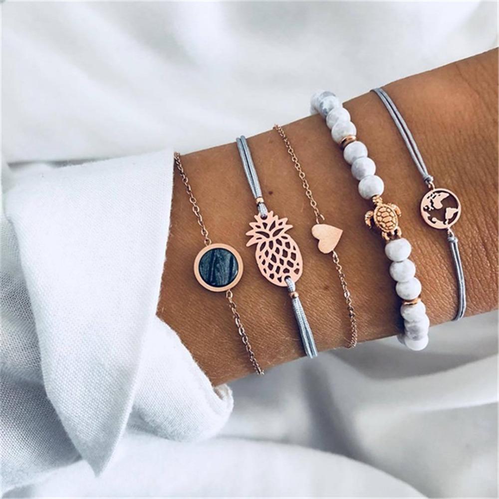 Fashion Bohemia Leaf Round Knot Cuff Bangle Gold Chain Charm Bracelet for Women Simple Geometric Bracelets Luxury Jewelry