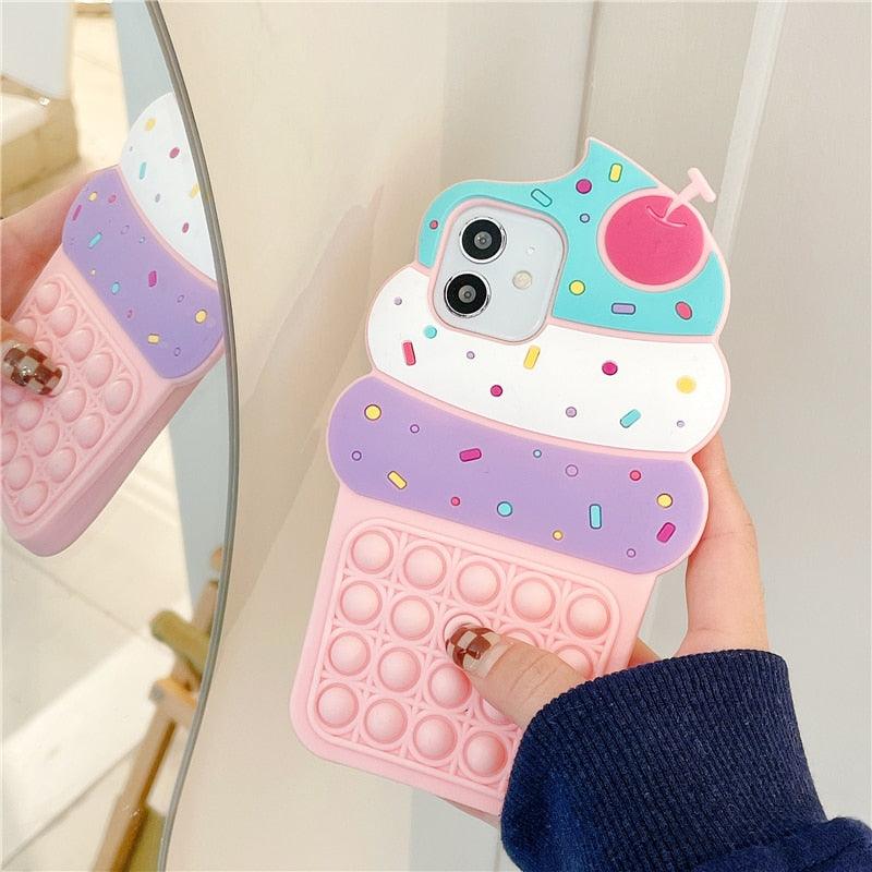 3D Delicious Cherry Ice Cream Silicone Phone Case For iphone 13 12 11 Pro Max Xs Xr 7 8 Plus X Se finger bubble game soft cover 3D Cartoon Cupcake Shape Soft Silicone Full Protection Shockproof Case