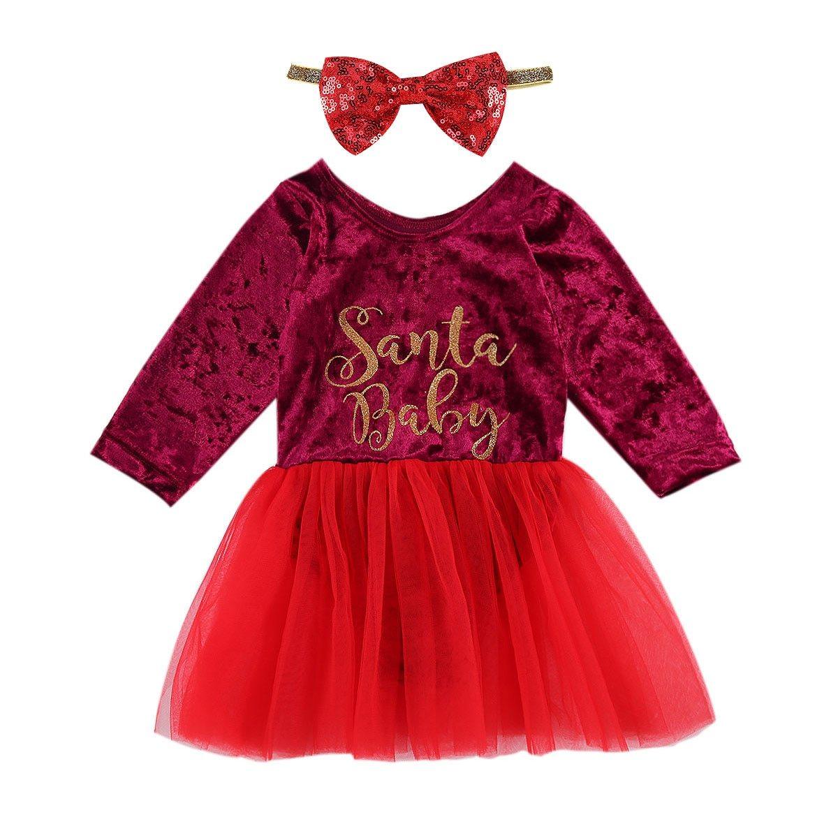 Autumn Baby Girls Christmas Red Long Sleeve Letters Printed Pattern Dress Festival Unique Design