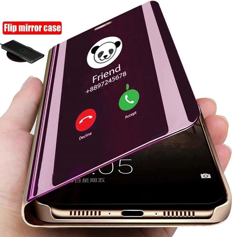 Smart Flip Phone Case For iPhone X XR XS 5 5S SE 7 8 6 6S Plus 11 12 13 Mini Pro Max 2020 Mirror Window Standing Holder Cover Mirror Screen Smart Plating Case 360 Full Body Ultra Thin Intelligent Protective Case