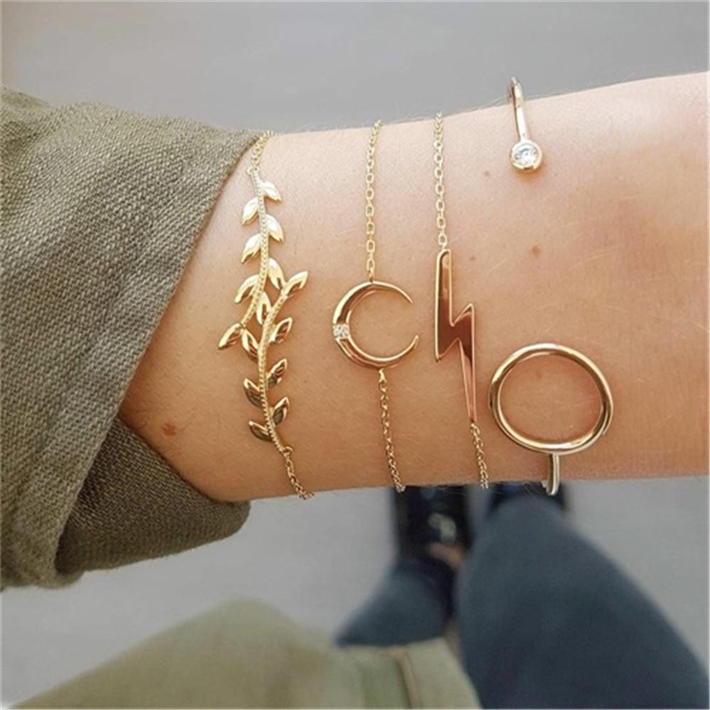 Fashion Bohemia Leaf Round Knot Cuff Bangle Gold Chain Charm Bracelet for Women Simple Geometric Bracelets Luxury Jewelry