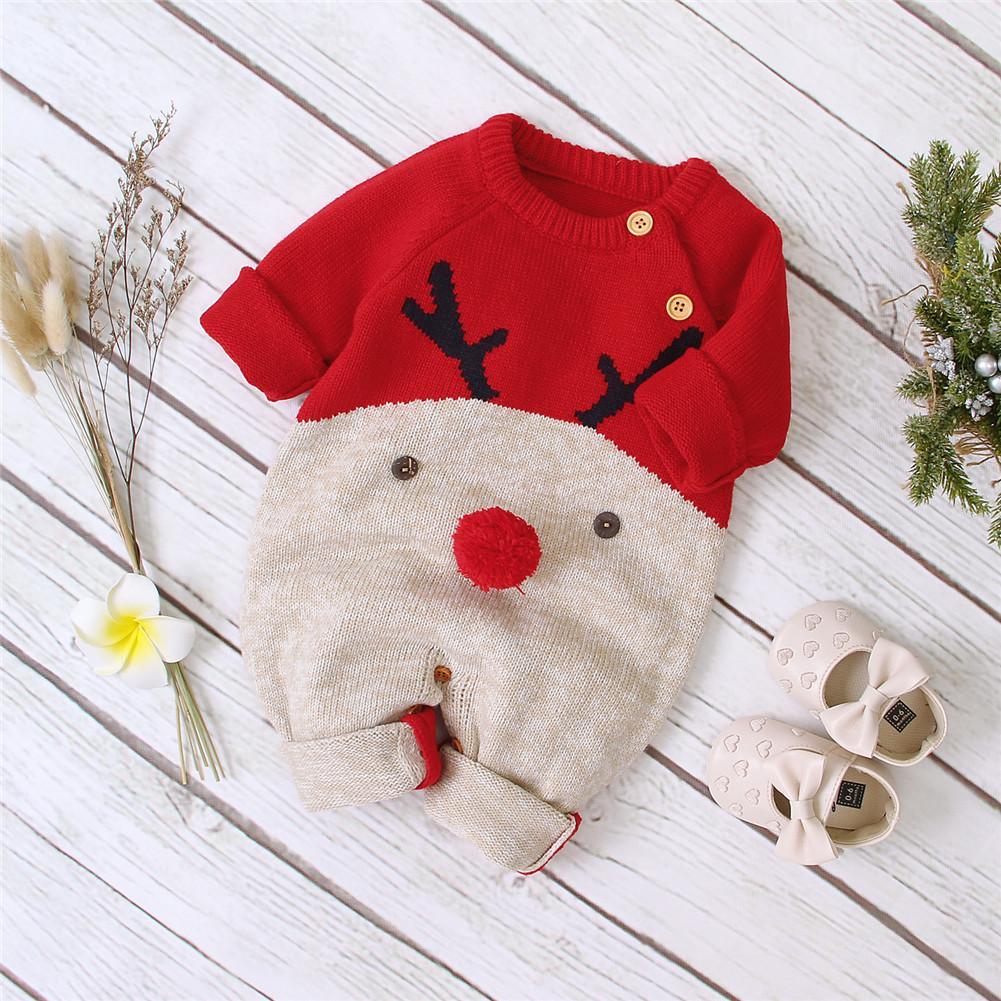 Baby Christmas Rompers Reindeer Knitted Jumpsuits Toddler Children Warm Wool Clothes 0-2Y For Boys and Girls Christmas Eve Costume