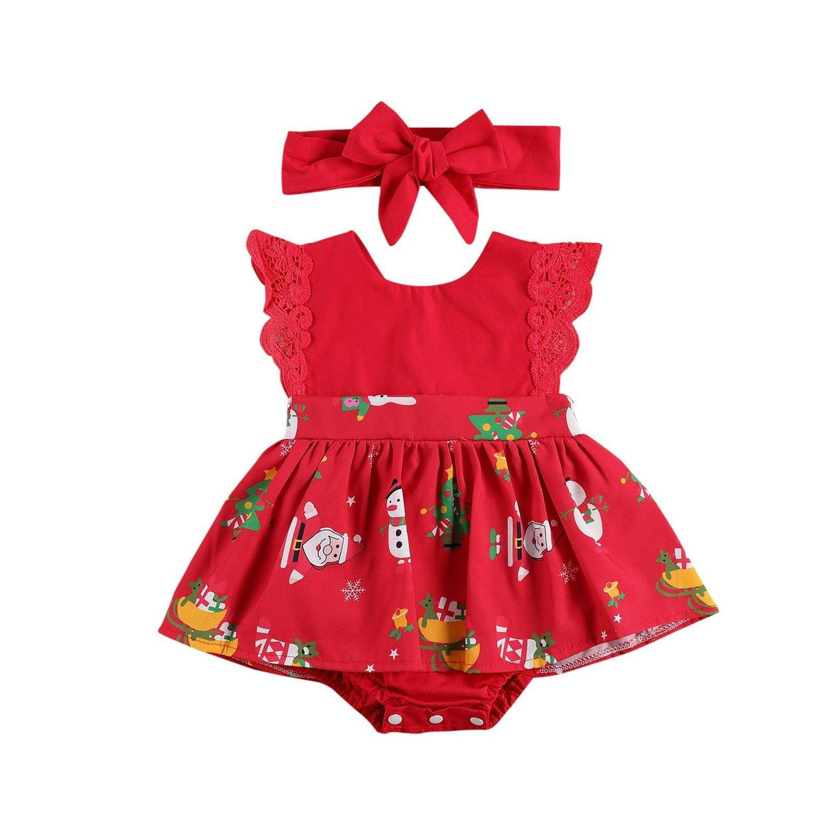Baby Girls Bodysuits Dress Lace Ruffles Short Sleeve Cartoon Print Jumpsuits Headband
