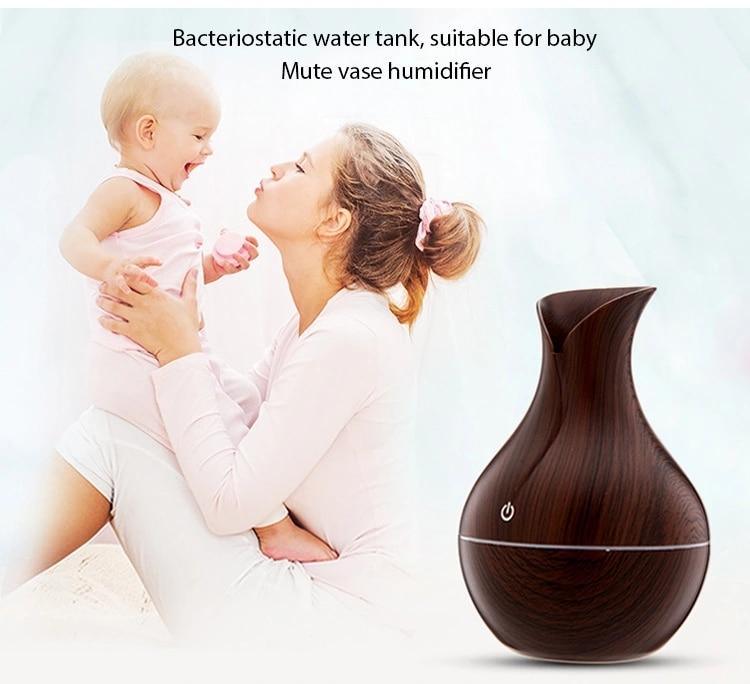 Essential Oil Diffuser 130ml Wood Grain Vase-Shaped Aromatherapy Cool Mist Humidifier With 7 Colors LED Lights & Waterless Auto Shut-Off For Home Office