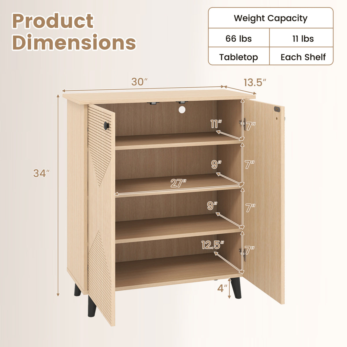 High‑quality 2‑Door Geometric Cabinet Freestanding Decorative Footwear Storage Unit with Carved Panels for Indoor Home Use-Natural