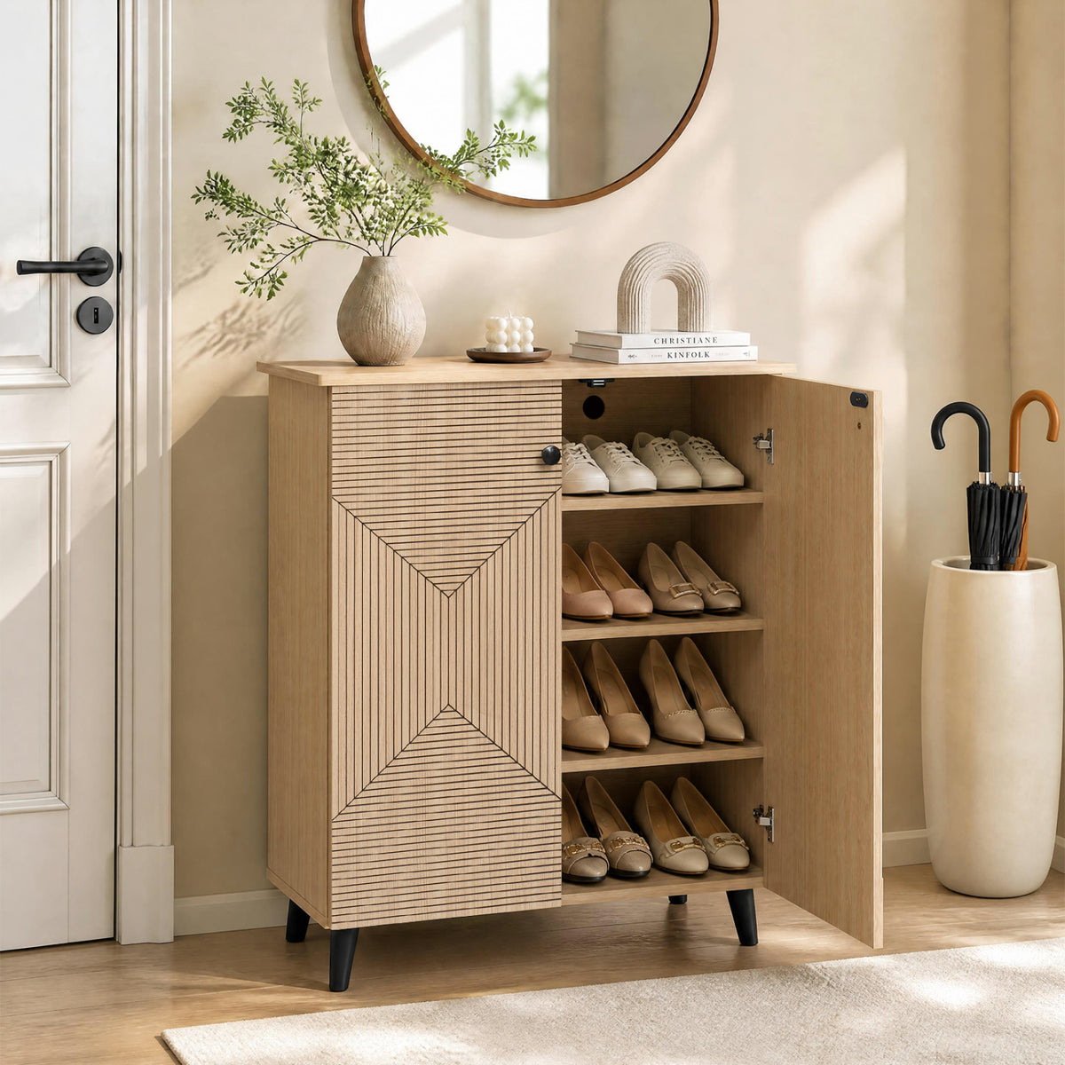High‑quality 2‑Door Geometric Cabinet Freestanding Decorative Footwear Storage Unit with Carved Panels for Indoor Home Use-Natural