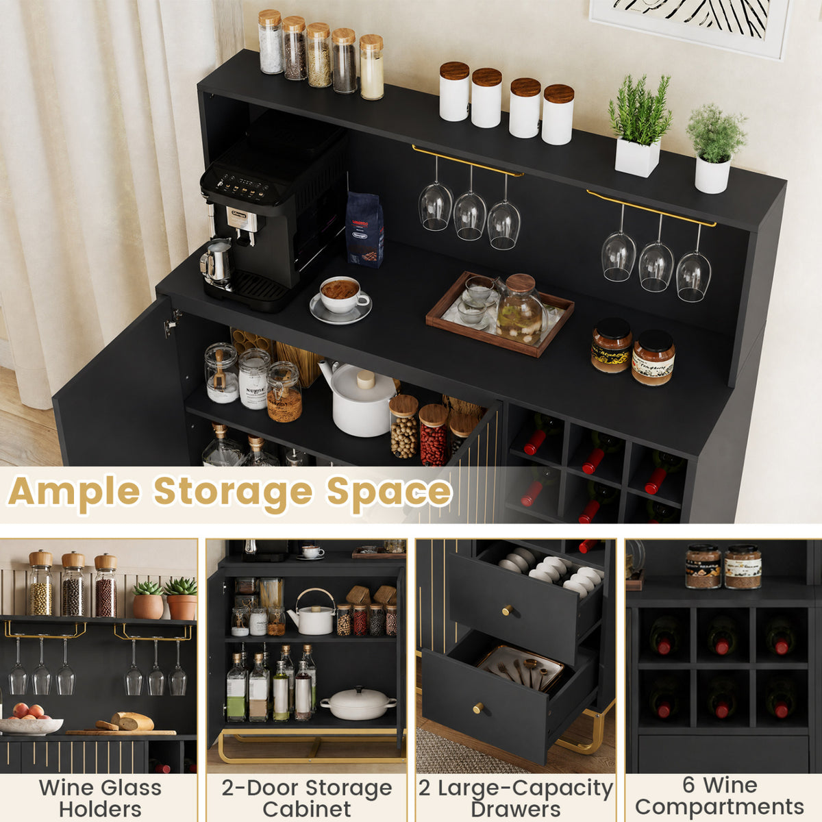Home Bar Cabinet with Wine Rack Glass Holder and Adjustable Shelf-Black