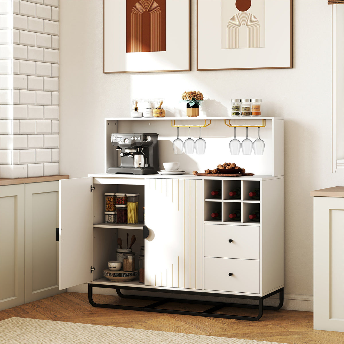 Home Bar Cabinet with Wine Rack Glass Holder and Adjustable Shelf-White