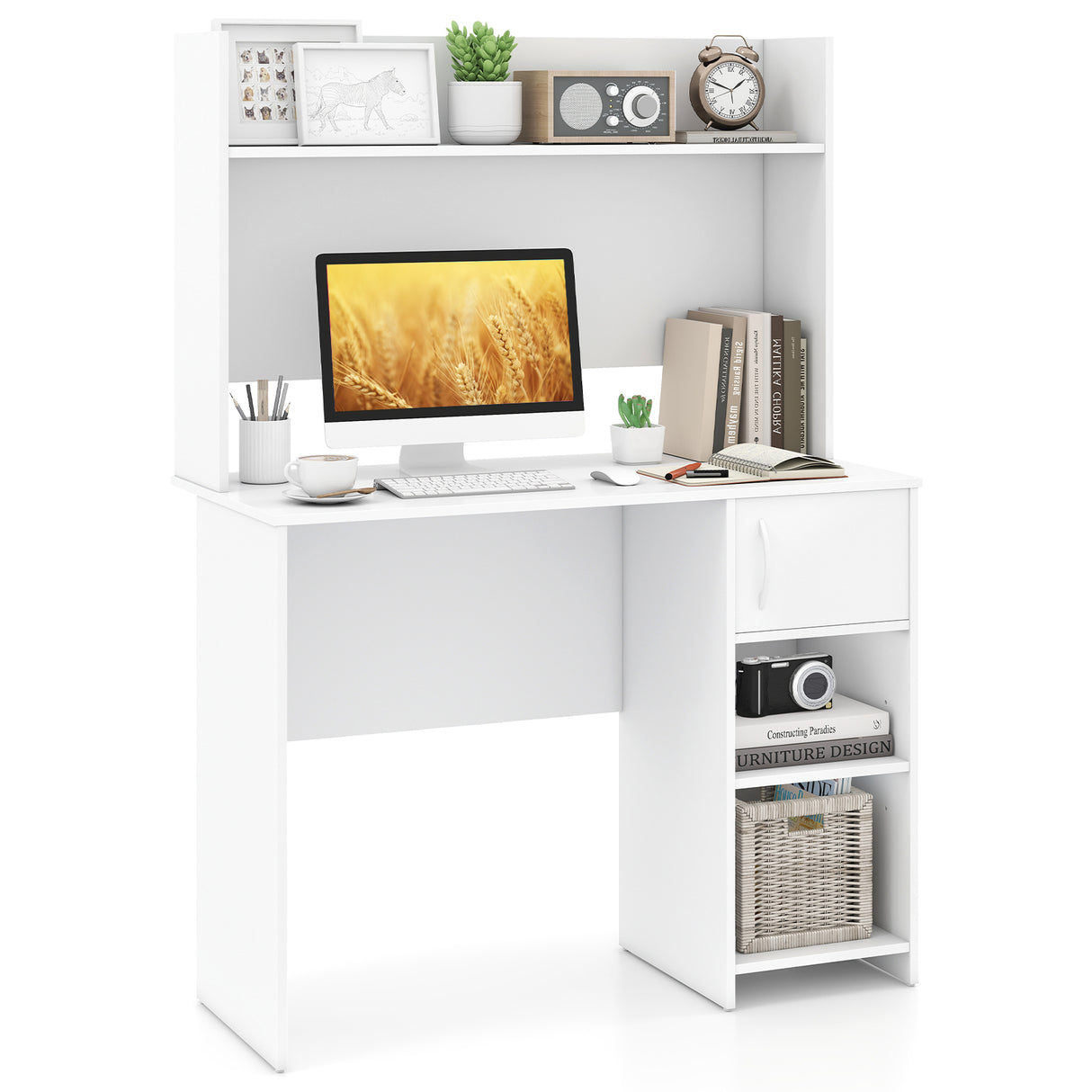 Home Office Desk with Raised Display Shelf and 2 Open Shelves-White