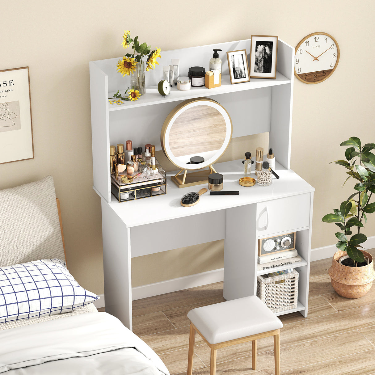 Home Office Desk with Raised Display Shelf and 2 Open Shelves-White
