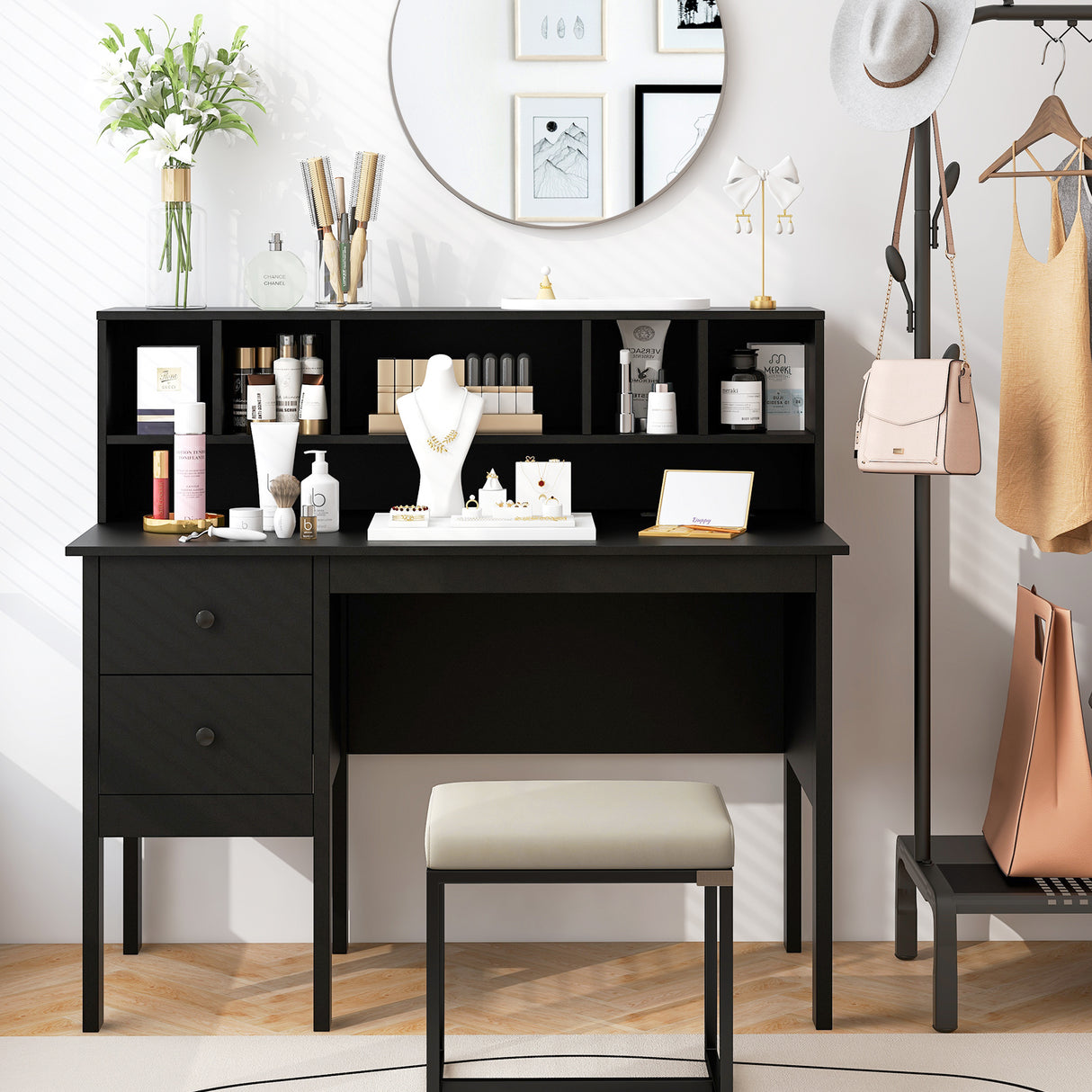 48 Inch Computer Desk with Drawers Power Outlets-Black