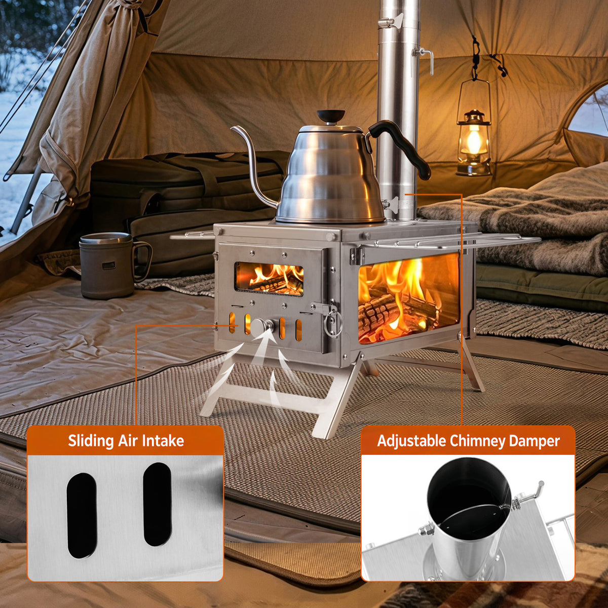 Hot Tent Stove Portable Wood Burning Stove with 7 Chimney Pipes and Spark Arrestor-Silver