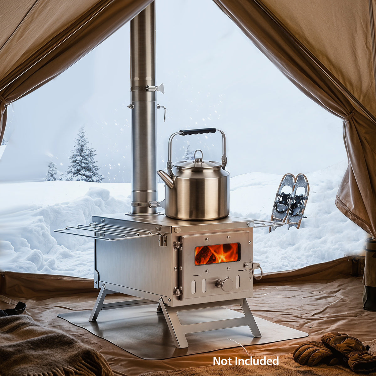 Hot Tent Stove Portable Wood Burning Stove with 7 Chimney Pipes and Spark Arrestor-Silver