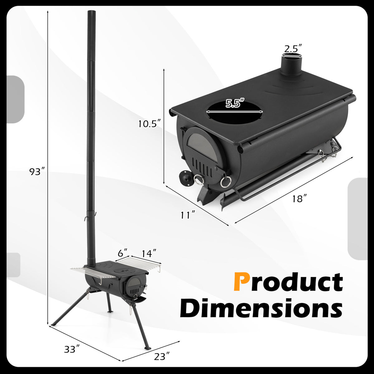 Hot Tent Stove with Chimney Pipes and Foldable Legs for Outdoor Heating-Black