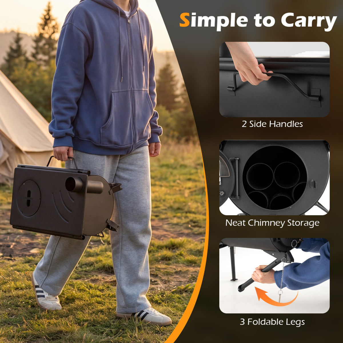 Hot Tent Stove with Chimney Pipes and Foldable Legs for Outdoor Heating-Black