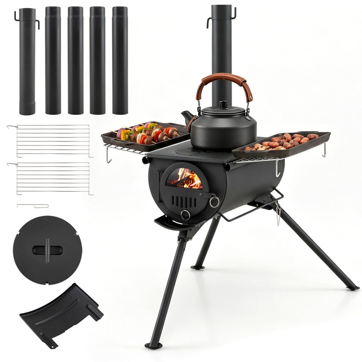 Hot Tent Stove with Chimney Pipes and Foldable Legs for Outdoor Heating-Black