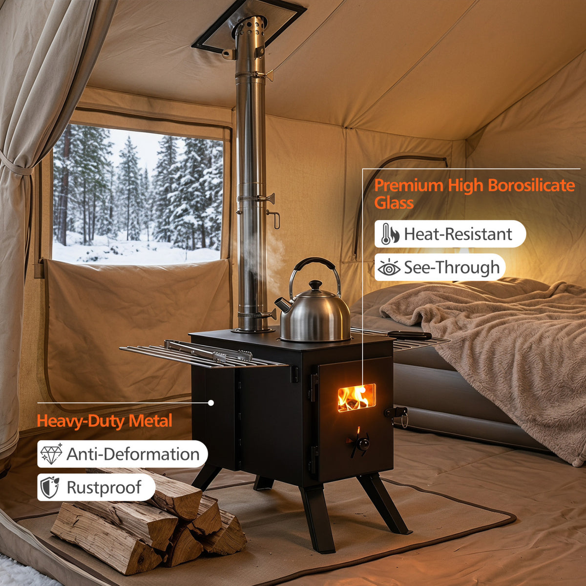 Hot Tent Stove with Ash Tray 8.4 ft Wood Burning Stove with 8 Chimney Pipes and Spark Arrestor-Black