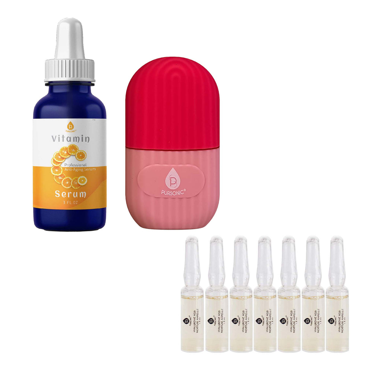 Pursonic Radiant Glow & Refresh Skincare Bundle: Ice Cube Facial Roller Massager + Vitamin C Serum + Hyaluronic Acid Ampoule Set by Pursonic