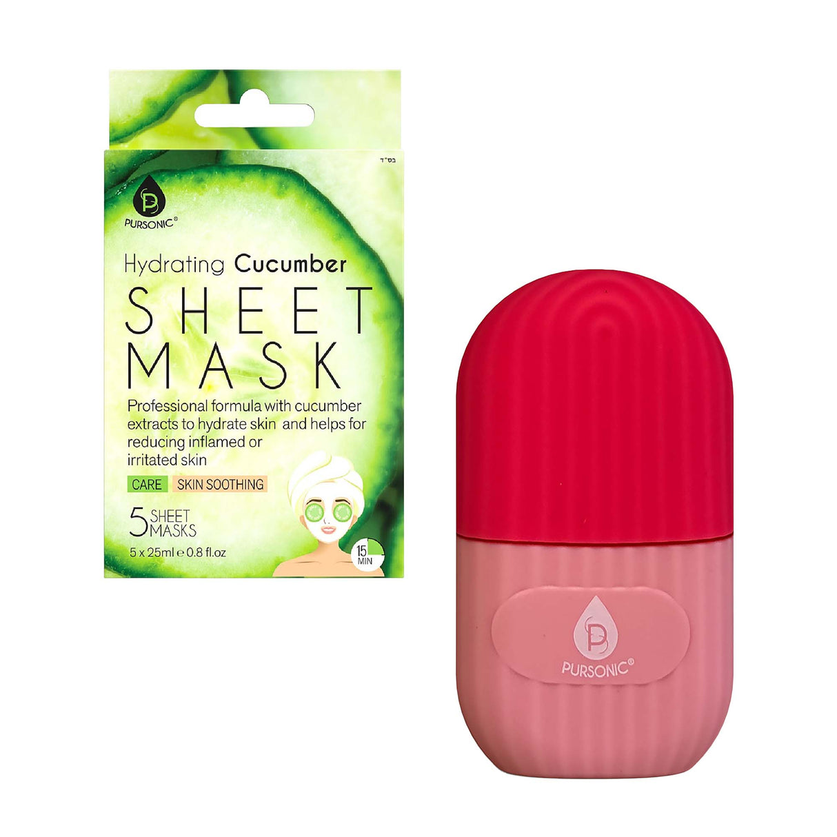 Ice Cube Facial Roller Massager & Hydrating Cucumber Sheet Masks – Your Ultimate Skincare Refresh Kit by Pursonic