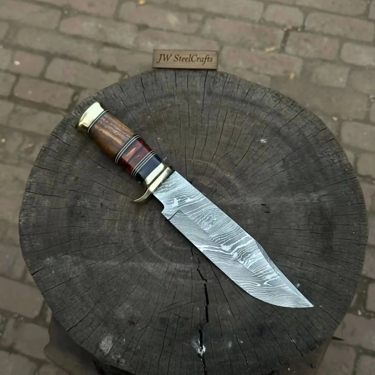Handmade Damascus Steel Bowie Knife Stacked Leather Handle with Brass Fittings