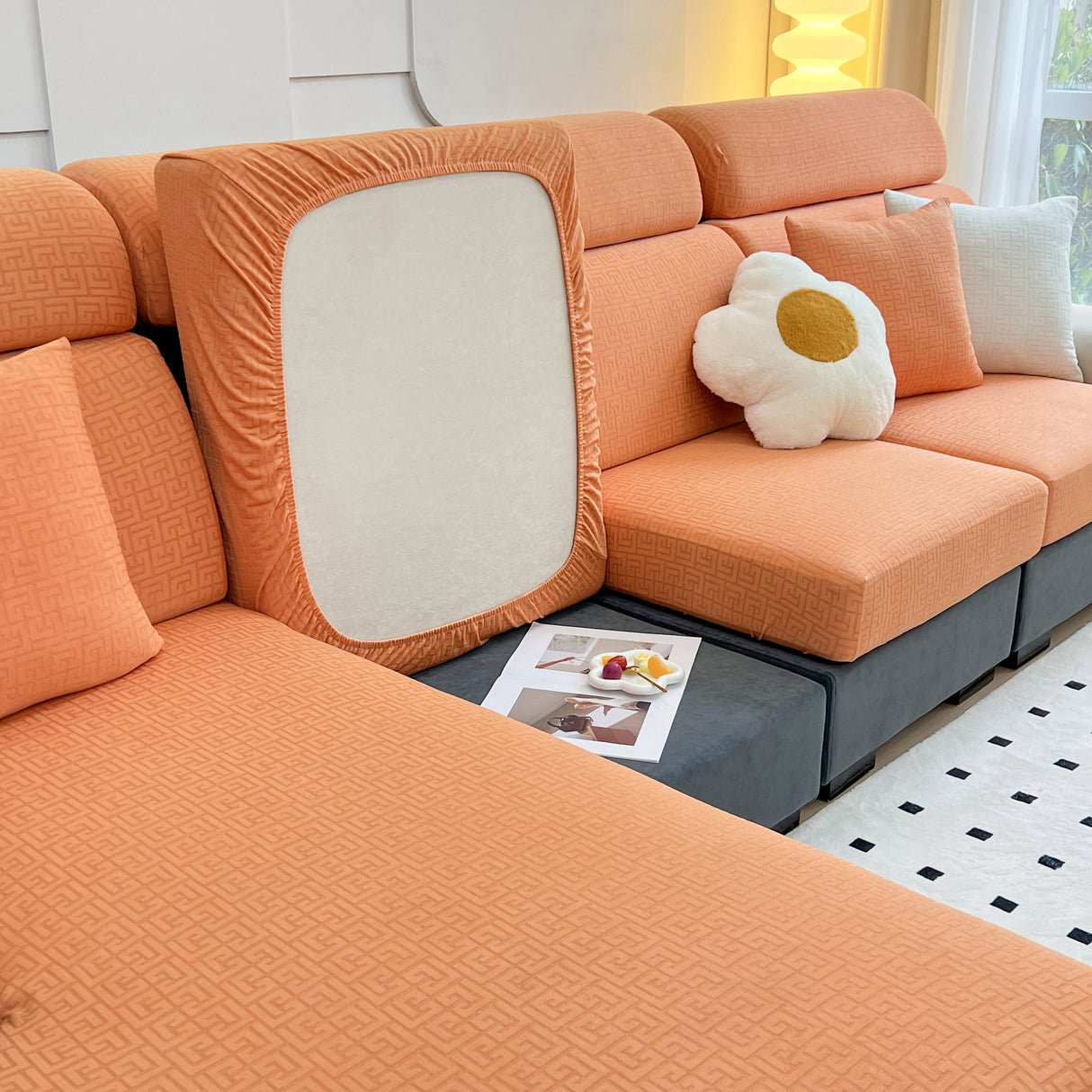 Vedic Chant Jacquard Fleece Fabric Stretch Cushion Cover, Non-Slip Furniture Protector for Kids, Chaise Lounge Cushion Covers