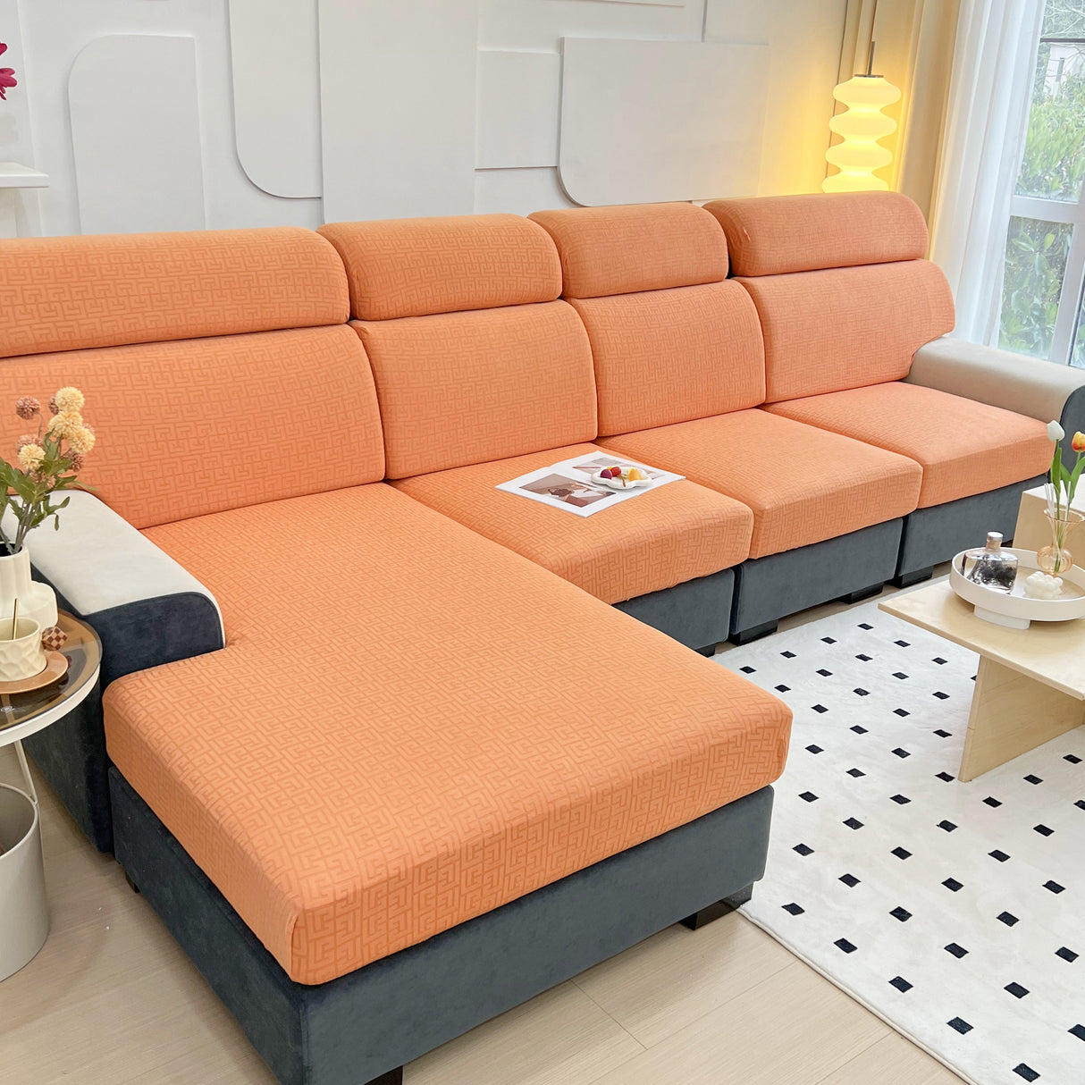 Vedic Chant Jacquard Fleece Fabric Stretch Cushion Cover, Non-Slip Furniture Protector for Kids, Chaise Lounge Cushion Covers