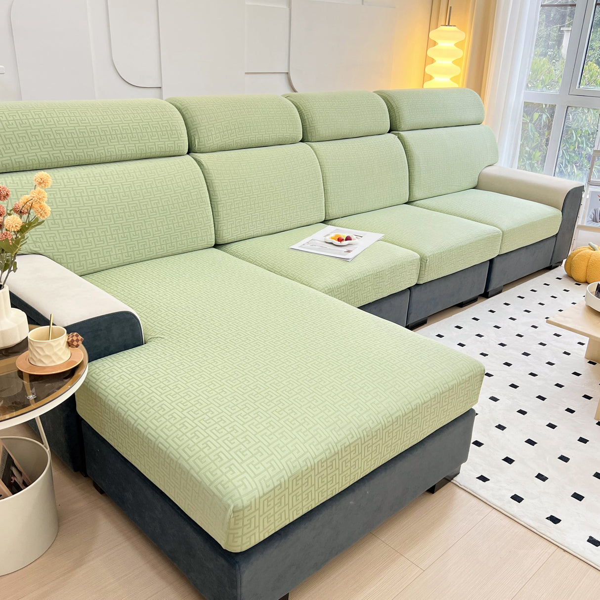 Vedic Chant Jacquard Fleece Fabric Stretch Cushion Cover, Non-Slip Furniture Protector for Kids, Chaise Lounge Cushion Covers