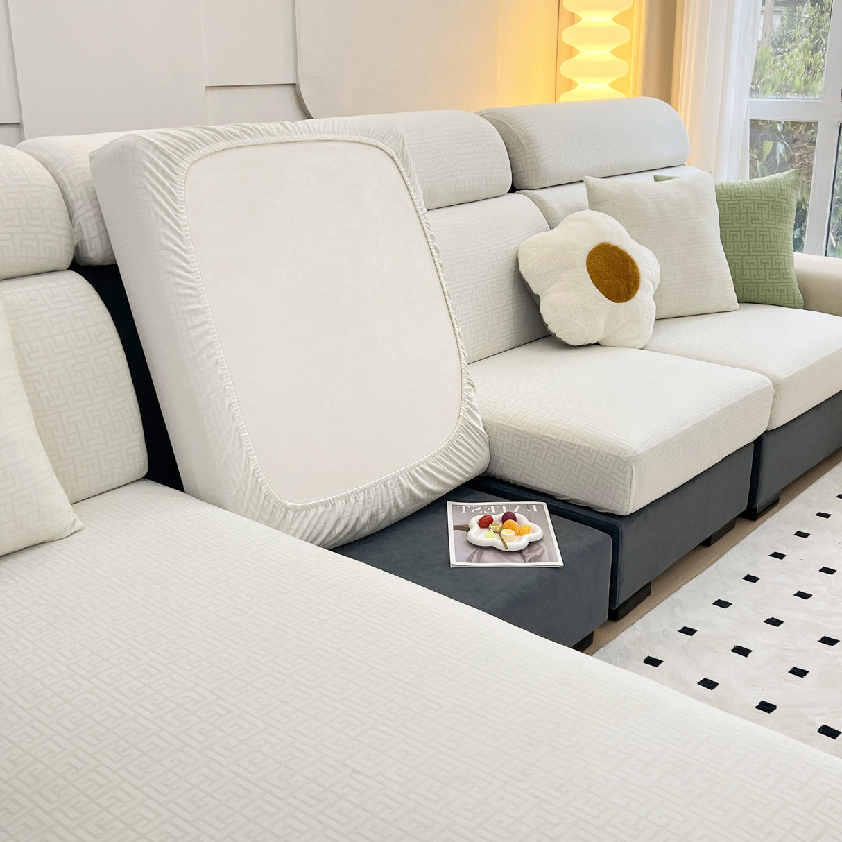 Vedic Chant Jacquard Fleece Fabric Stretch Cushion Cover, Non-Slip Furniture Protector for Kids, Chaise Lounge Cushion Covers