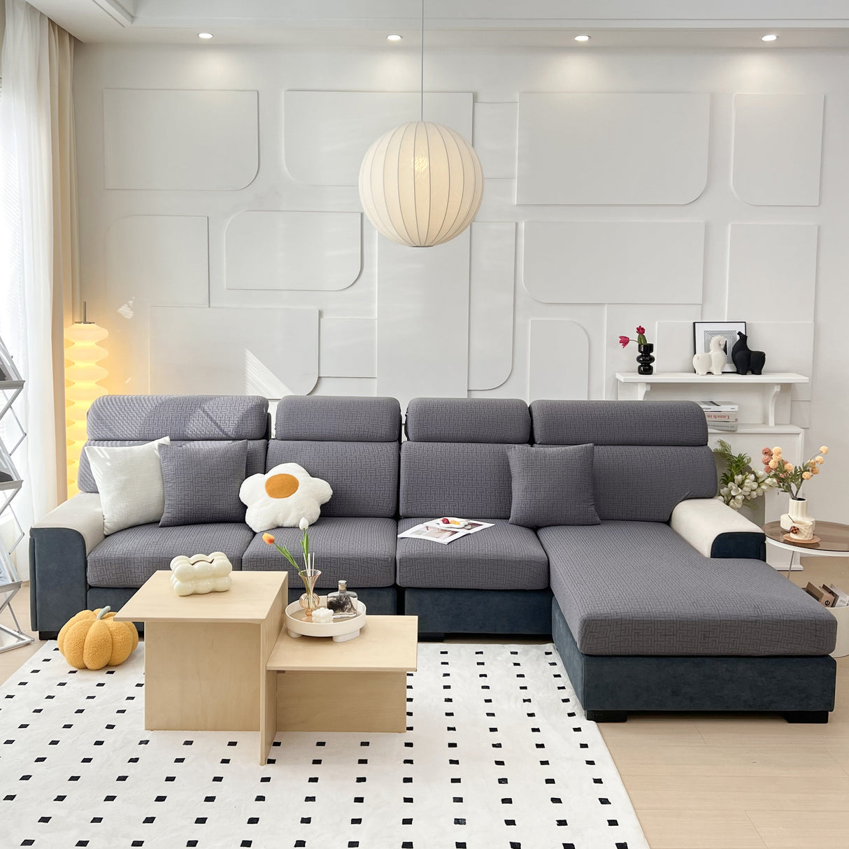 Vedic Chant Jacquard Fleece Fabric Stretch Cushion Cover, Non-Slip Furniture Protector for Kids, Chaise Lounge Cushion Covers