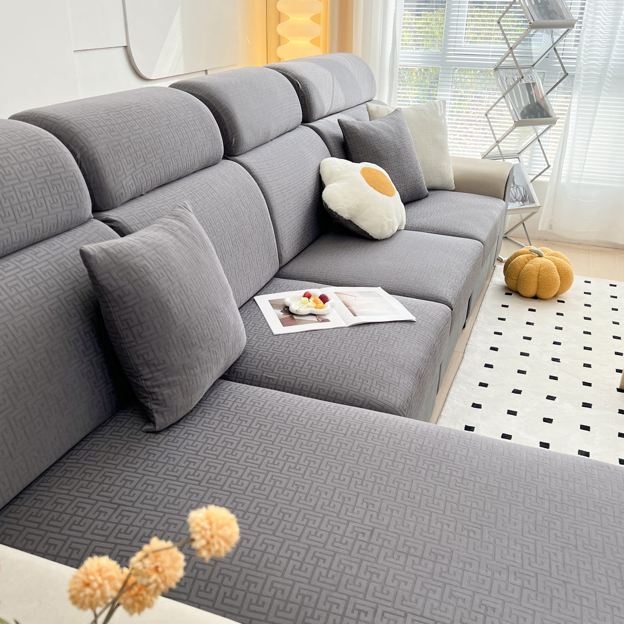 Vedic Chant Jacquard Fleece Fabric Stretch Cushion Cover, Non-Slip Furniture Protector for Kids, Chaise Lounge Cushion Covers