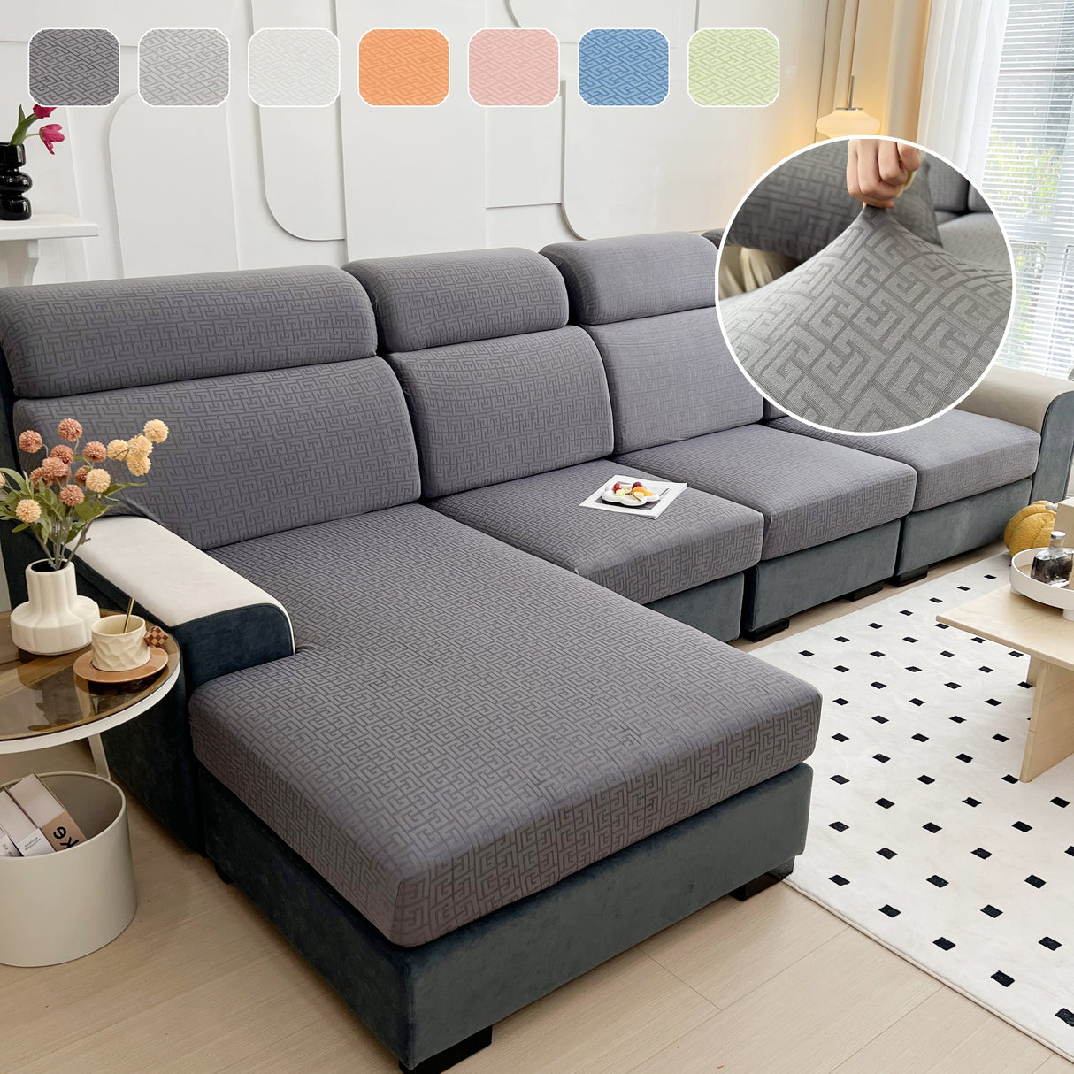 Vedic Chant Jacquard Fleece Fabric Stretch Cushion Cover, Non-Slip Furniture Protector for Kids, Chaise Lounge Cushion Covers