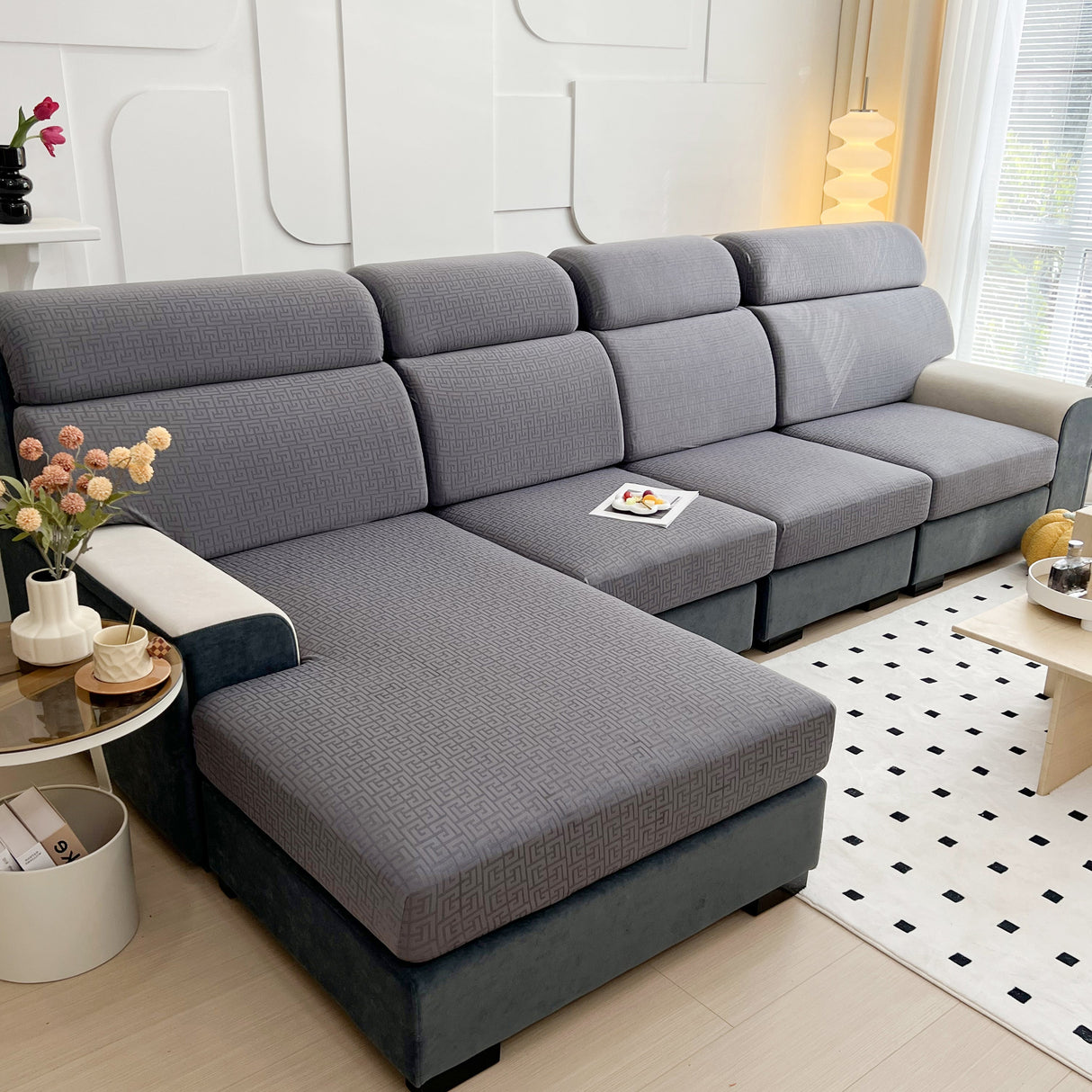 Vedic Chant Jacquard Fleece Fabric Stretch Cushion Cover, Non-Slip Furniture Protector for Kids, Chaise Lounge Cushion Covers