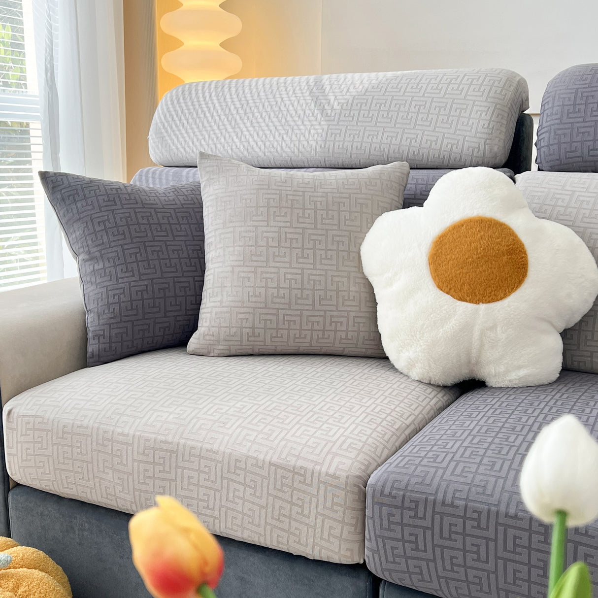 Vedic Chant Jacquard Fleece Fabric Stretch Cushion Cover, Non-Slip Furniture Protector for Kids, Chaise Lounge Cushion Covers