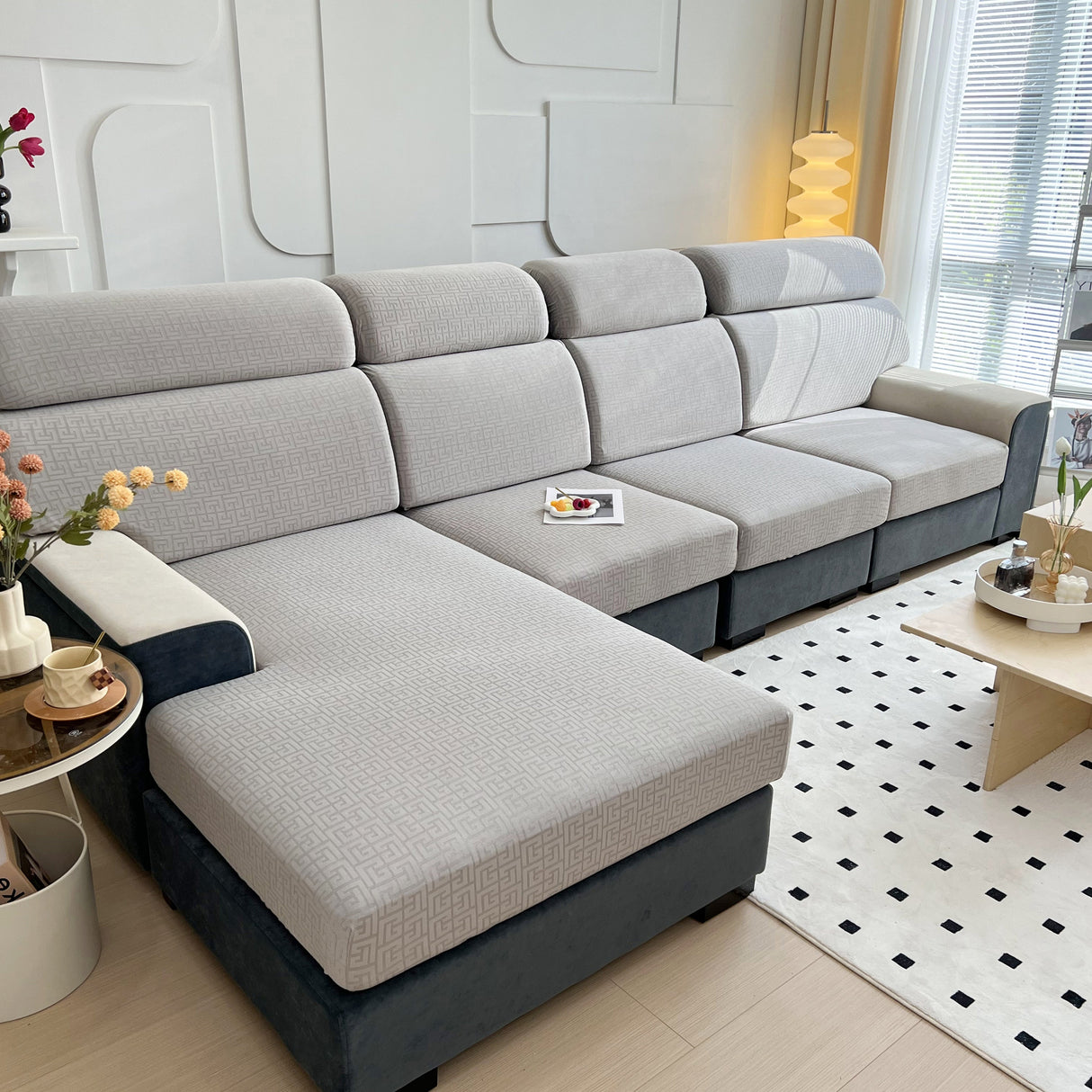 Vedic Chant Jacquard Fleece Fabric Stretch Cushion Cover, Non-Slip Furniture Protector for Kids, Chaise Lounge Cushion Covers