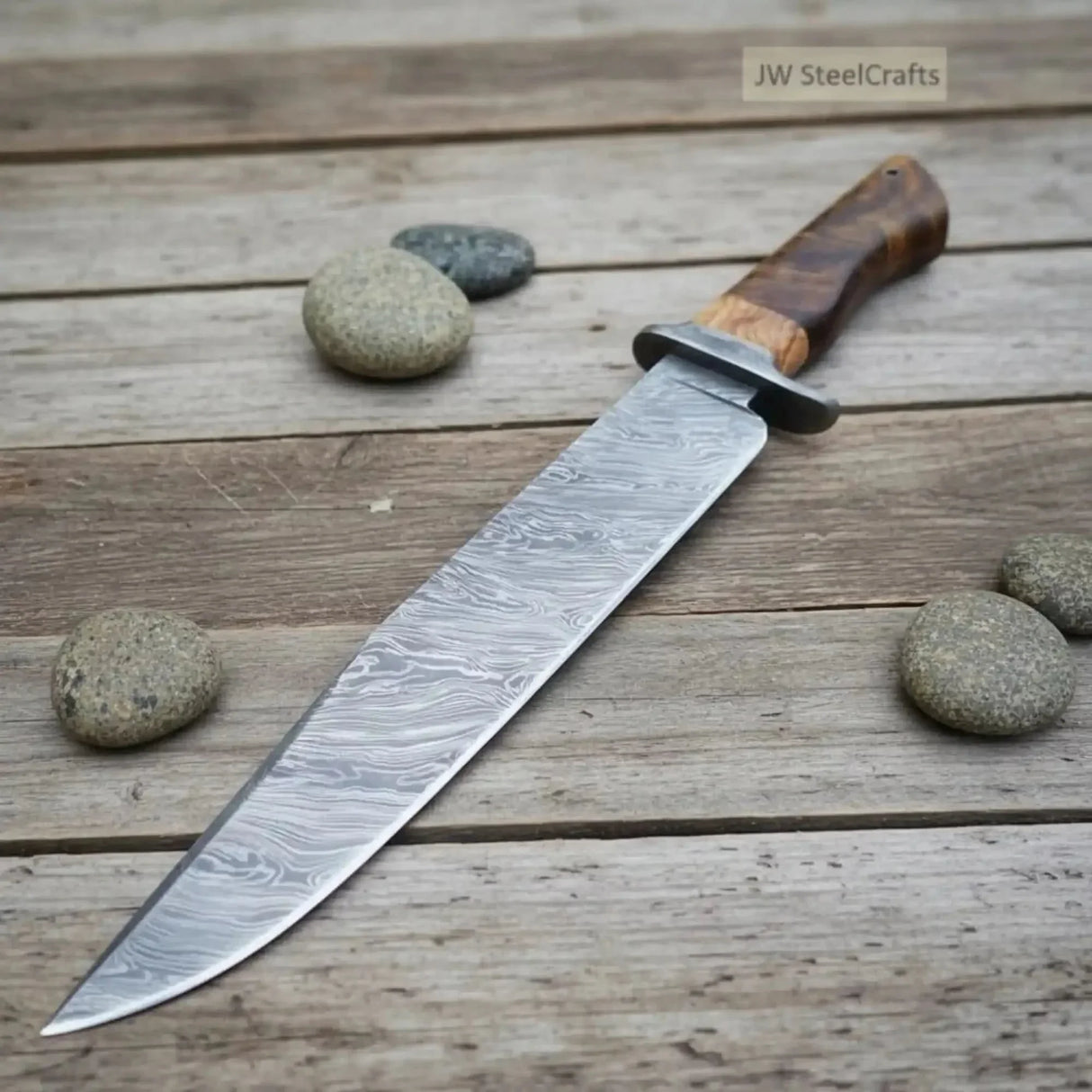 Handmade Damascus Steel Fighter Knife - Combat Blade with Wooden Handle & Leather Sheath
